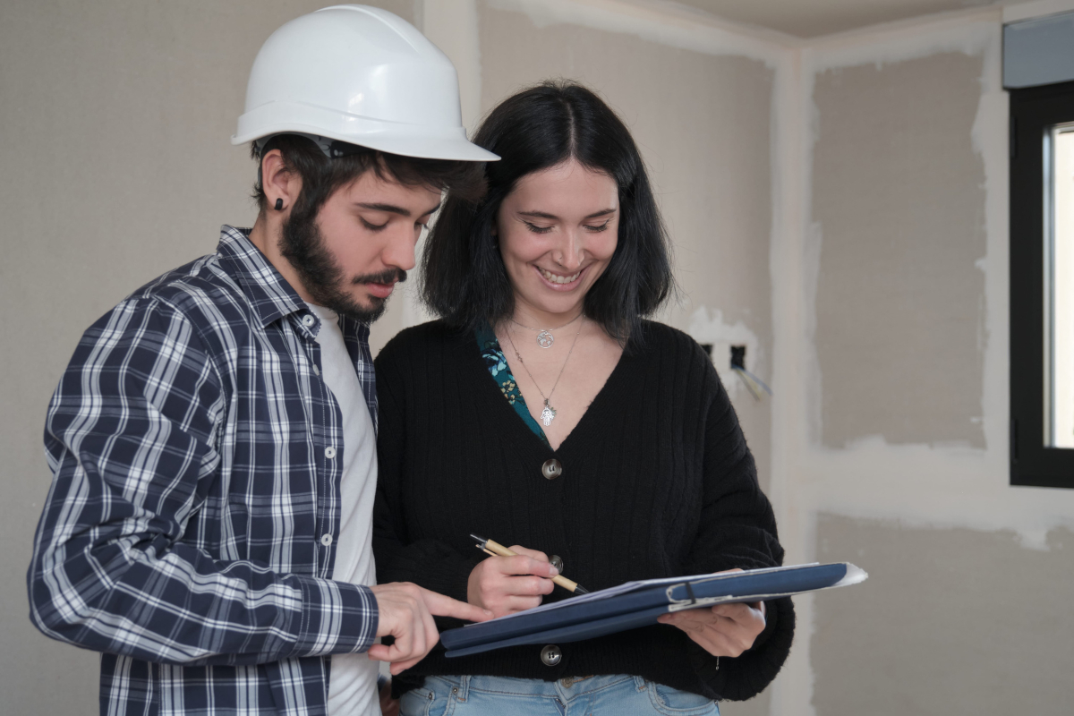 Woman signing a contract with repair man.